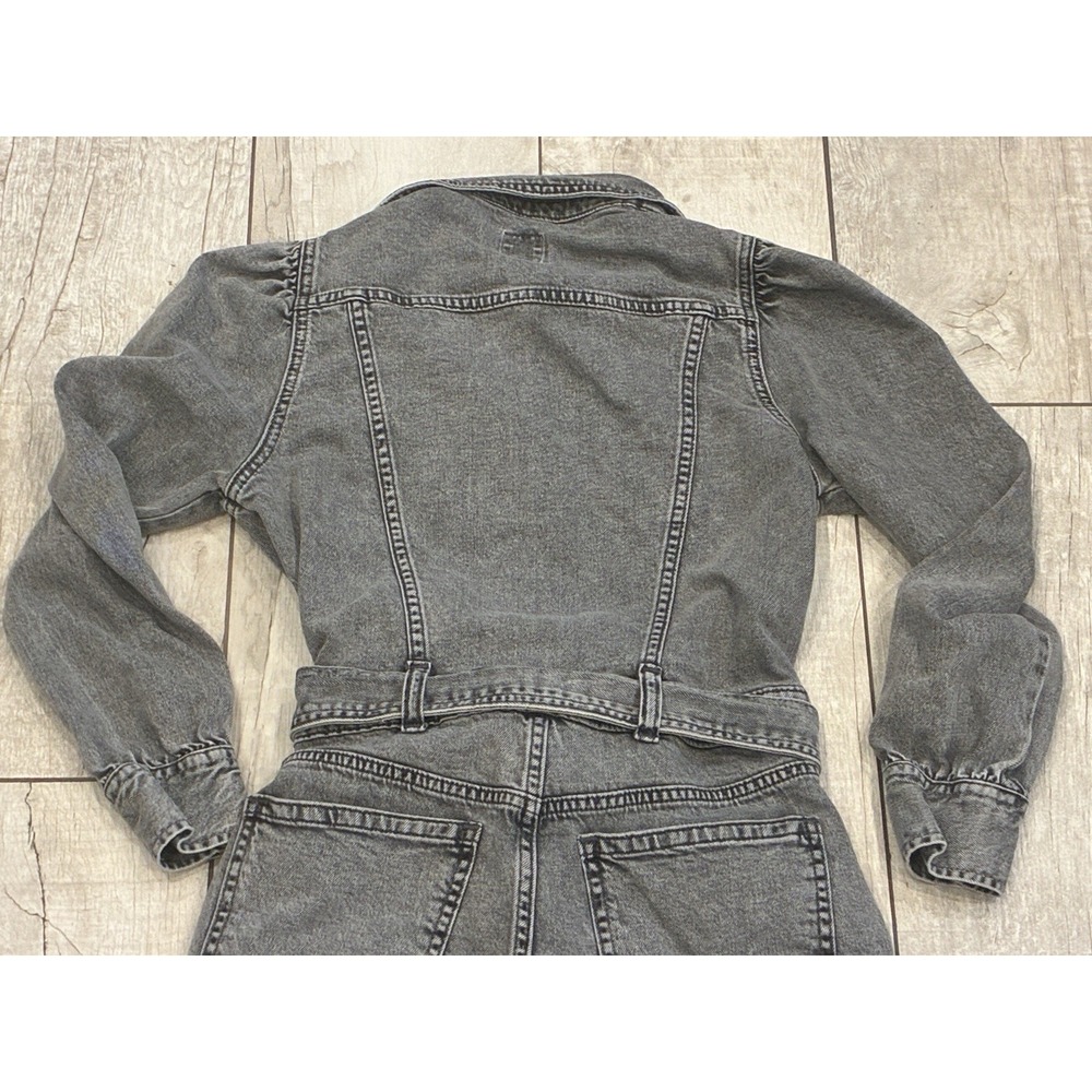 GAP Denim Jumpsuit Size 2P Washed Black Belted Puff Sleeve Button Up Retro 90's - Picture 5 of 10